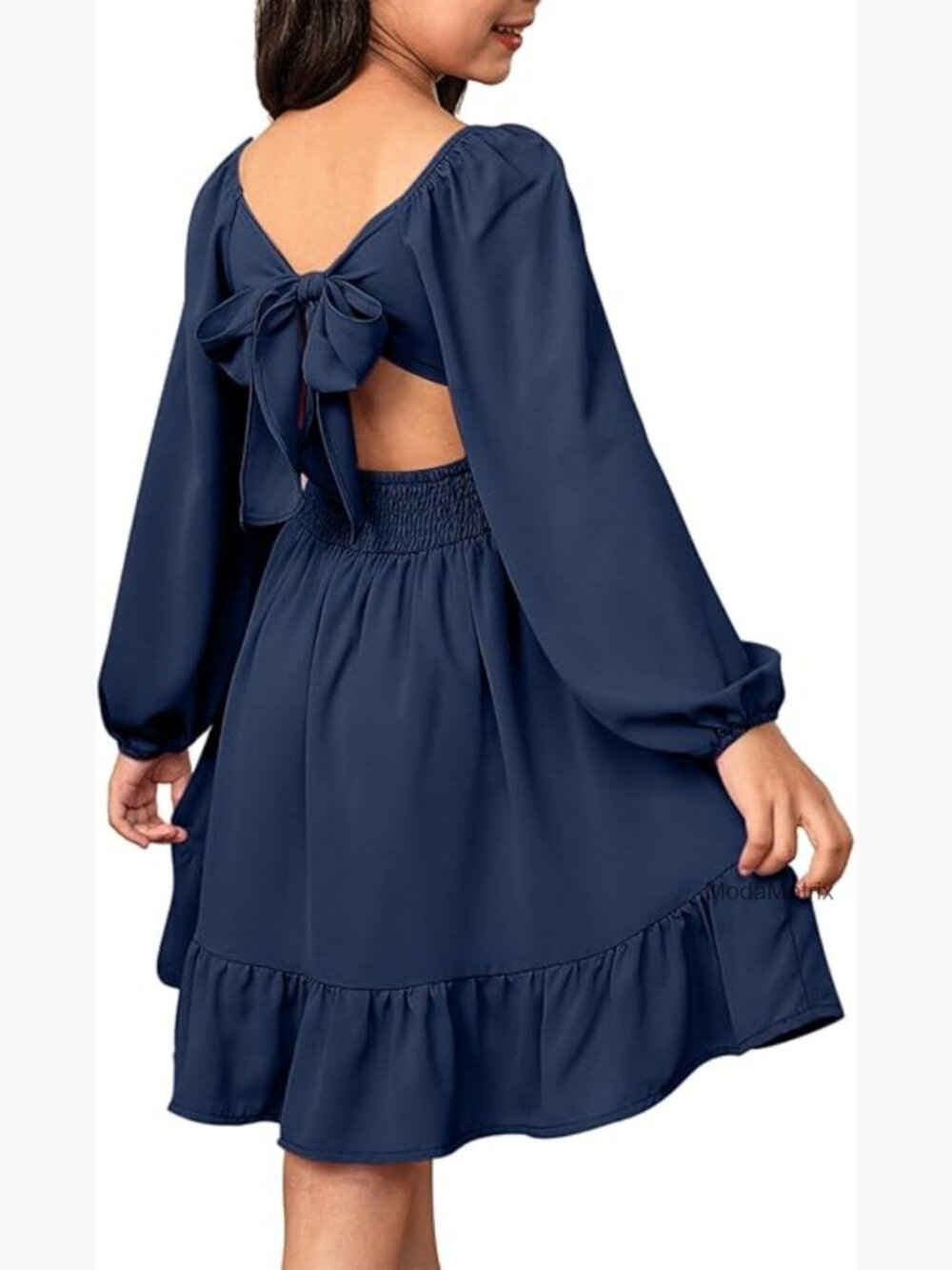 Girls Long Sleeve Tie Back Dress Fall Off Shoulder Size 6-15
